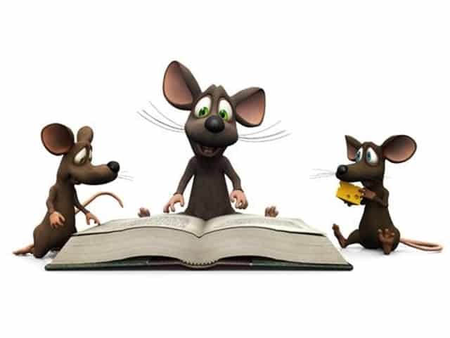Three cartoon mice with a giant book