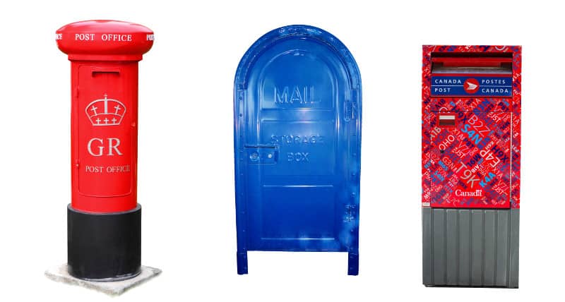 A UK post box, a Canadian mail box and a US mail box