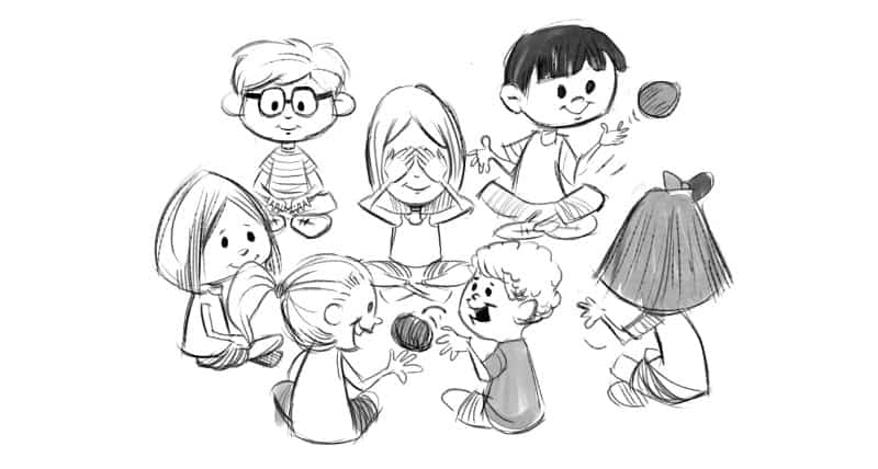 Illustration of kids playing Hot Potato, a circle game from Shelley Ann Vernon's Preschool Games book