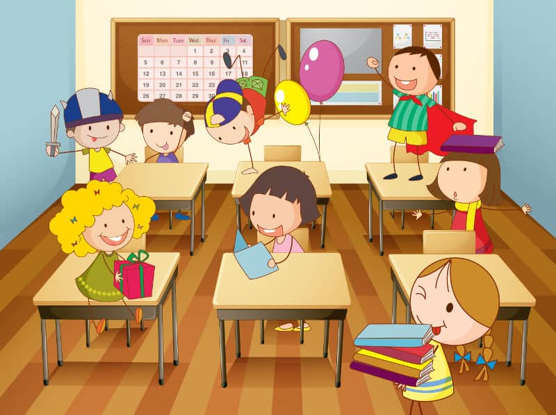 illustration of kids running riot in a classroom
