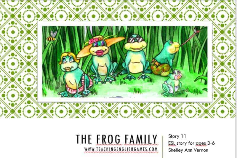 a family of frogs around a pond