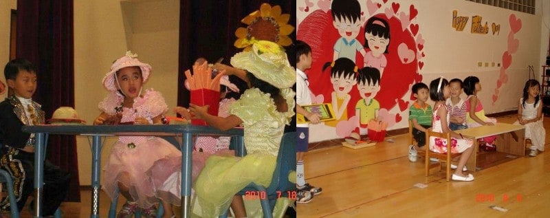 kids learning English through drama in Taiwan acting a tea party skit