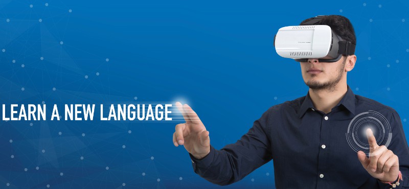 man in headset learning language