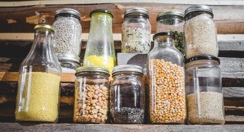glass jars with grains and seeds