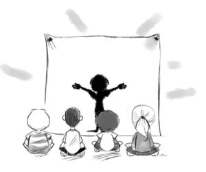 shadow of child behind sheet with kindergarten children watching