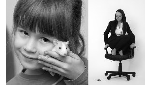 girl with her pet mouse and woman on chair afraid of a mouse