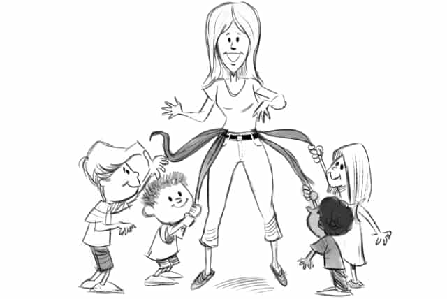 Teacher with children around her holding scarves attached to her belt