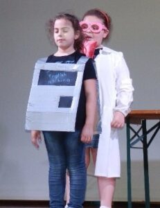 two kids acting robots skit